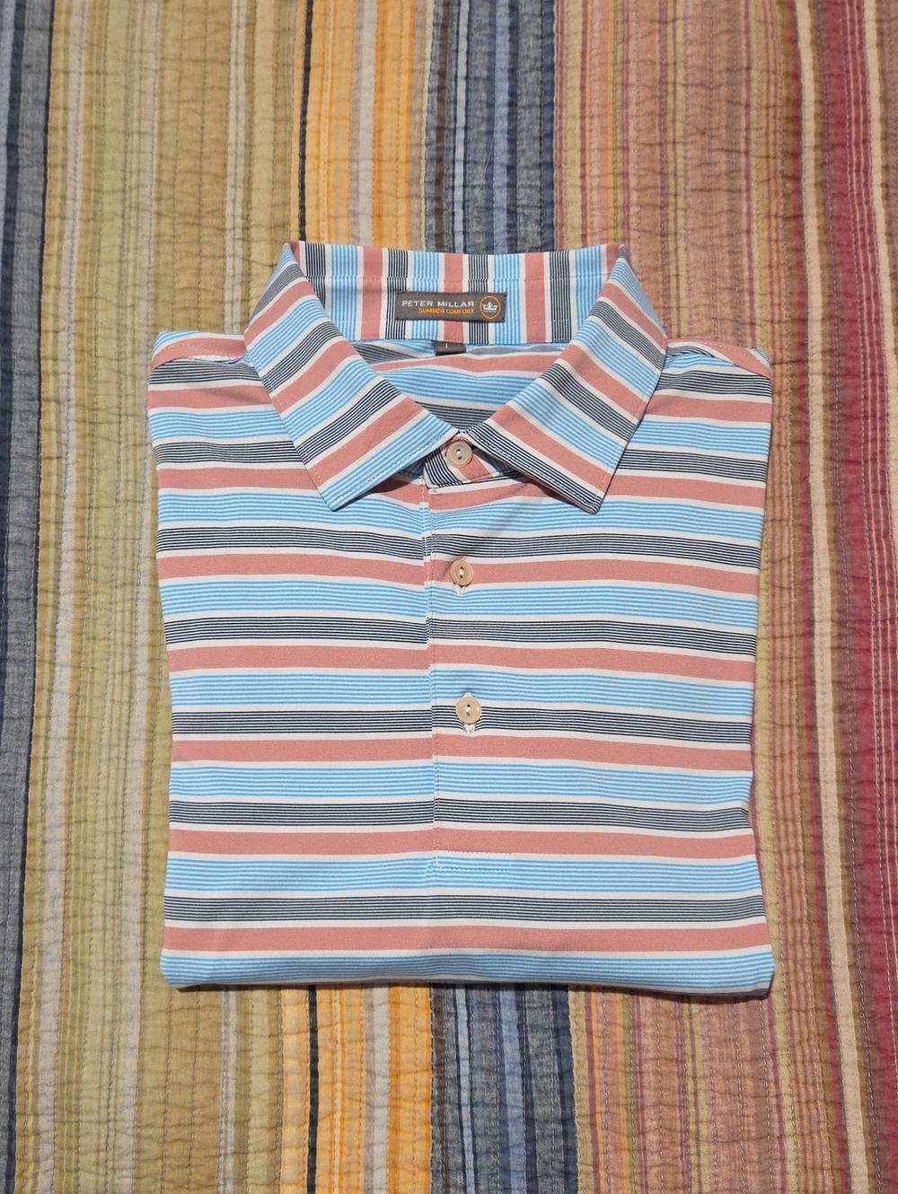 Peter Millar Summer Comfort Striped Polo Blue And Coral Men's Large